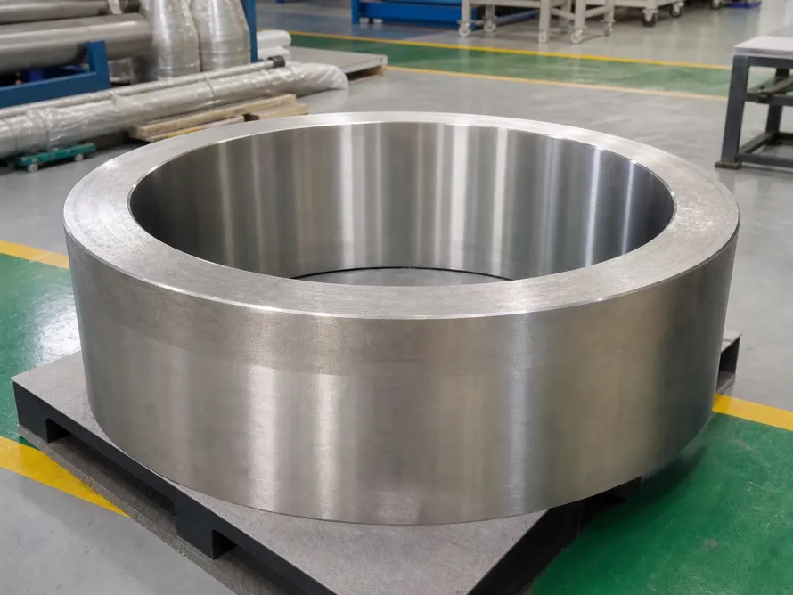 Großer bearbeiteter Metallring auf einer Auflage in einer Industriehalle