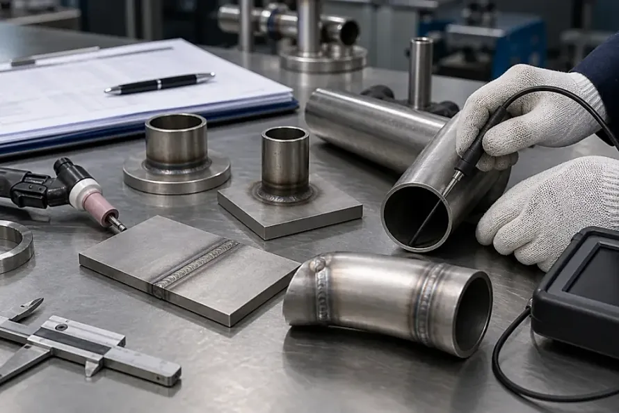 A clean chemical-process fabrication bench with titanium tube sections, plate coupons, weld samples and inspection tools, showing how welded titanium equipment needs documented fabrication evidence