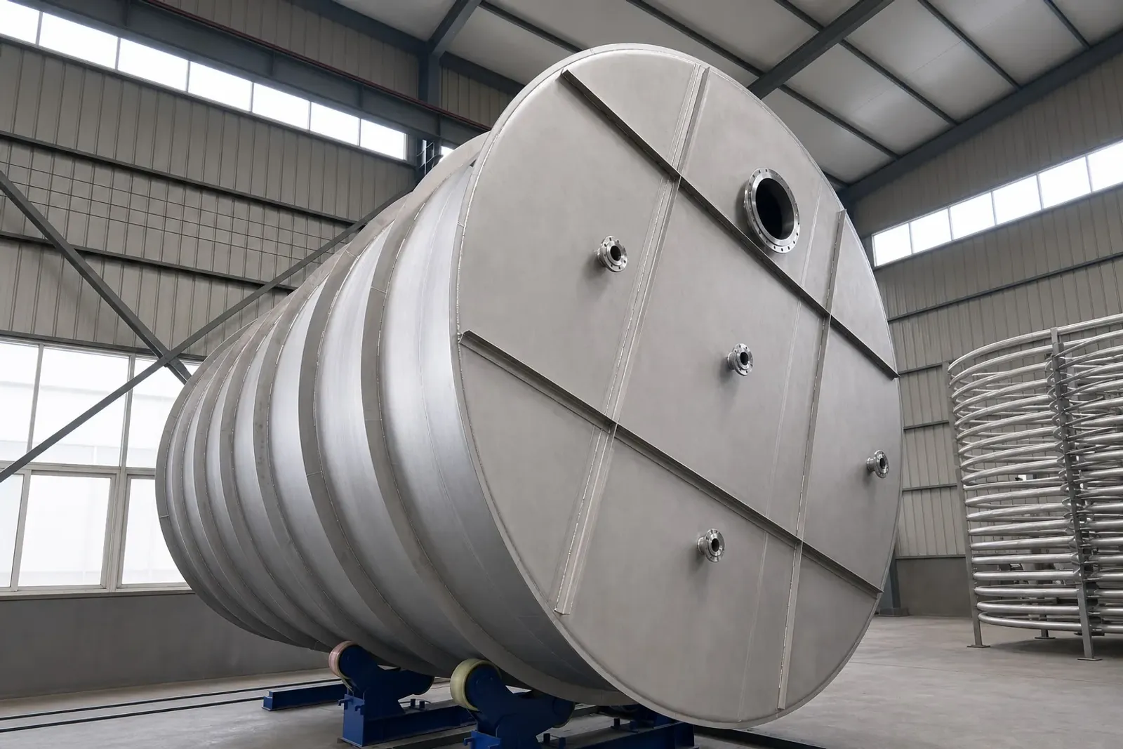 A user-supplied large titanium process vessel illustrates fabricated pressure-boundary geometry; it is not evidence that a particular vessel complies with BS EN 13445-11:2026.