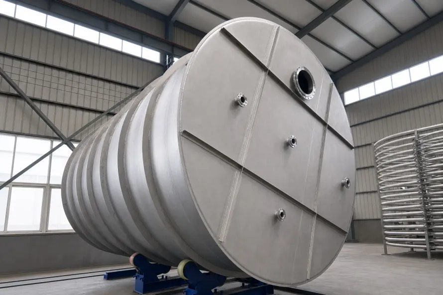A user-supplied large titanium process vessel illustrates fabricated pressure-boundary geometry; it is not evidence that a particular vessel complies with BS EN 13445-11:2026.