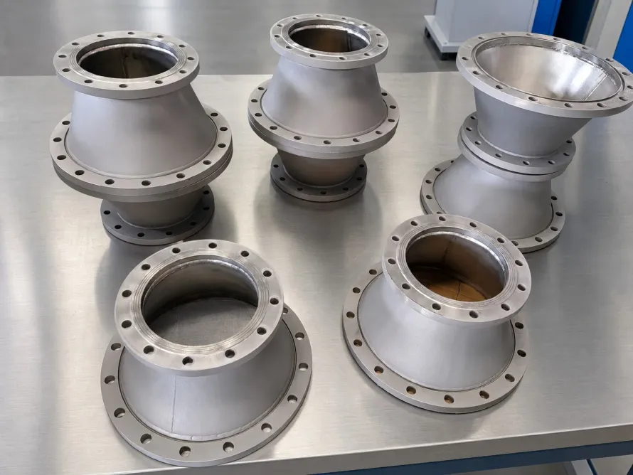 User-supplied machined titanium reducer assemblies show finished-surface and geometry control; they are not γ-TiAl specimens from the ECM study.