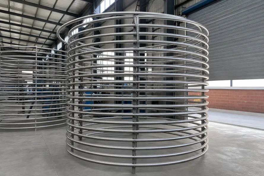 Large cylindrical assembly of repeated metal tube coils in a workshop