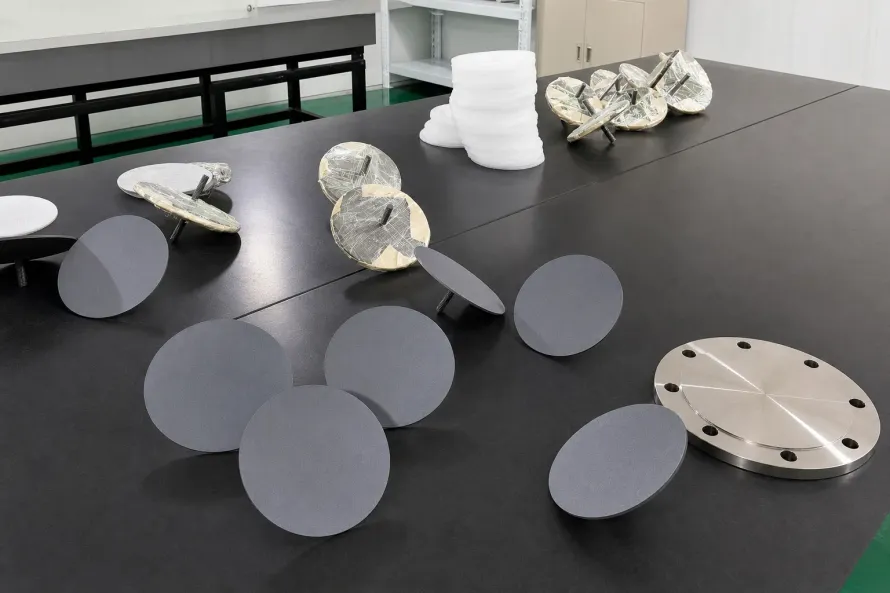 User-supplied titanium disc products on a clean bench illustrate product-level handling; they are not semiconductor targets or study specimens.