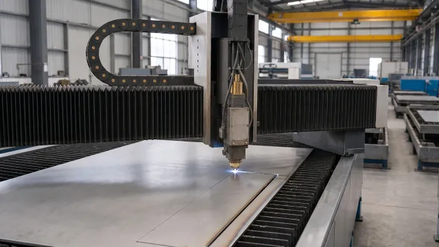 Laser cutting head making a clean narrow cut in titanium plate inside a spacious factory