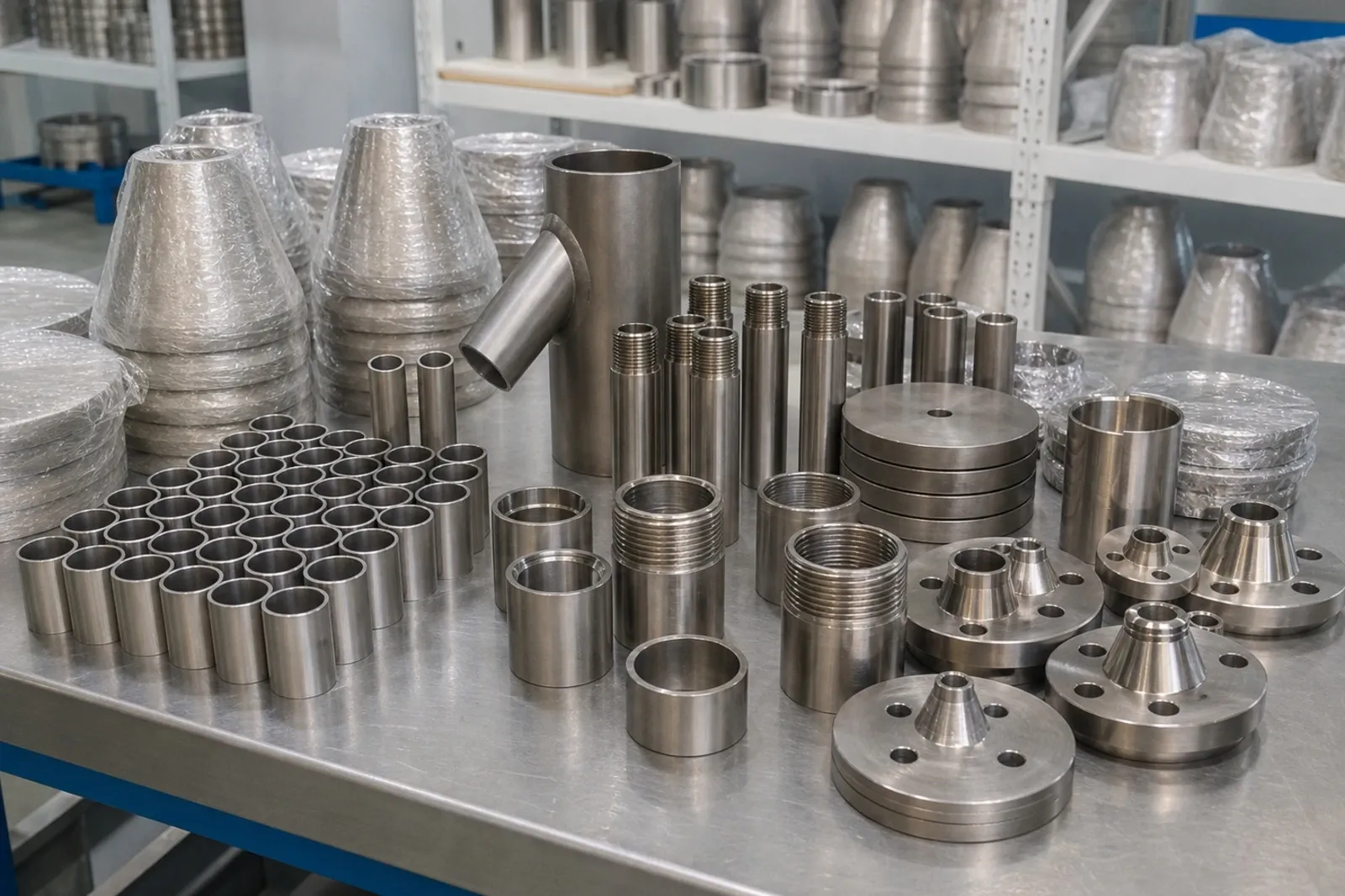 Machined titanium sleeves, threaded fittings, flanges, and round components on a factory bench, showing finished parts that still need lot-level release evidence.