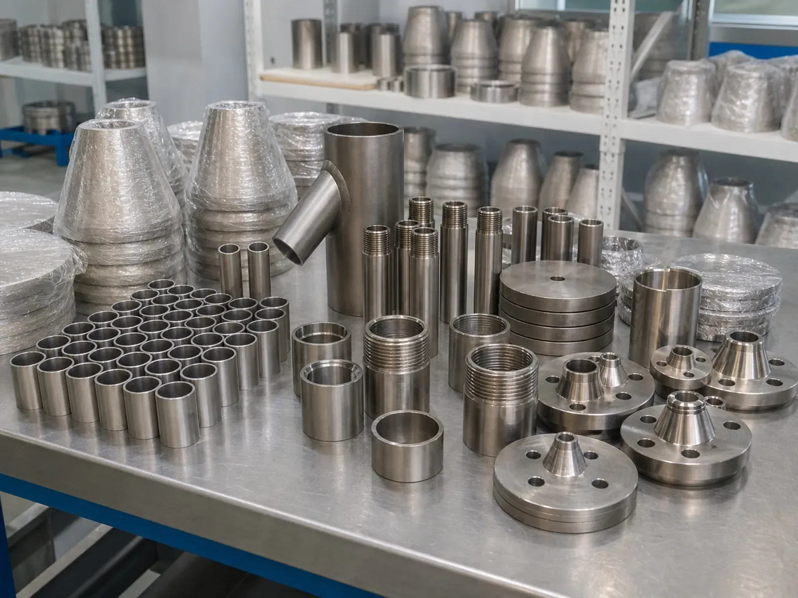 Precision machined titanium fittings, sleeves, and flanges on a clean factory bench, showing the kind of controlled components that need interface and release evidence.