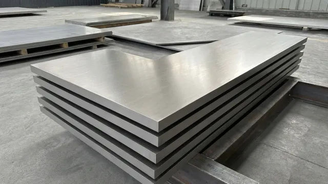 Stack of large satin-finished titanium plates in a spacious plate-processing workshop