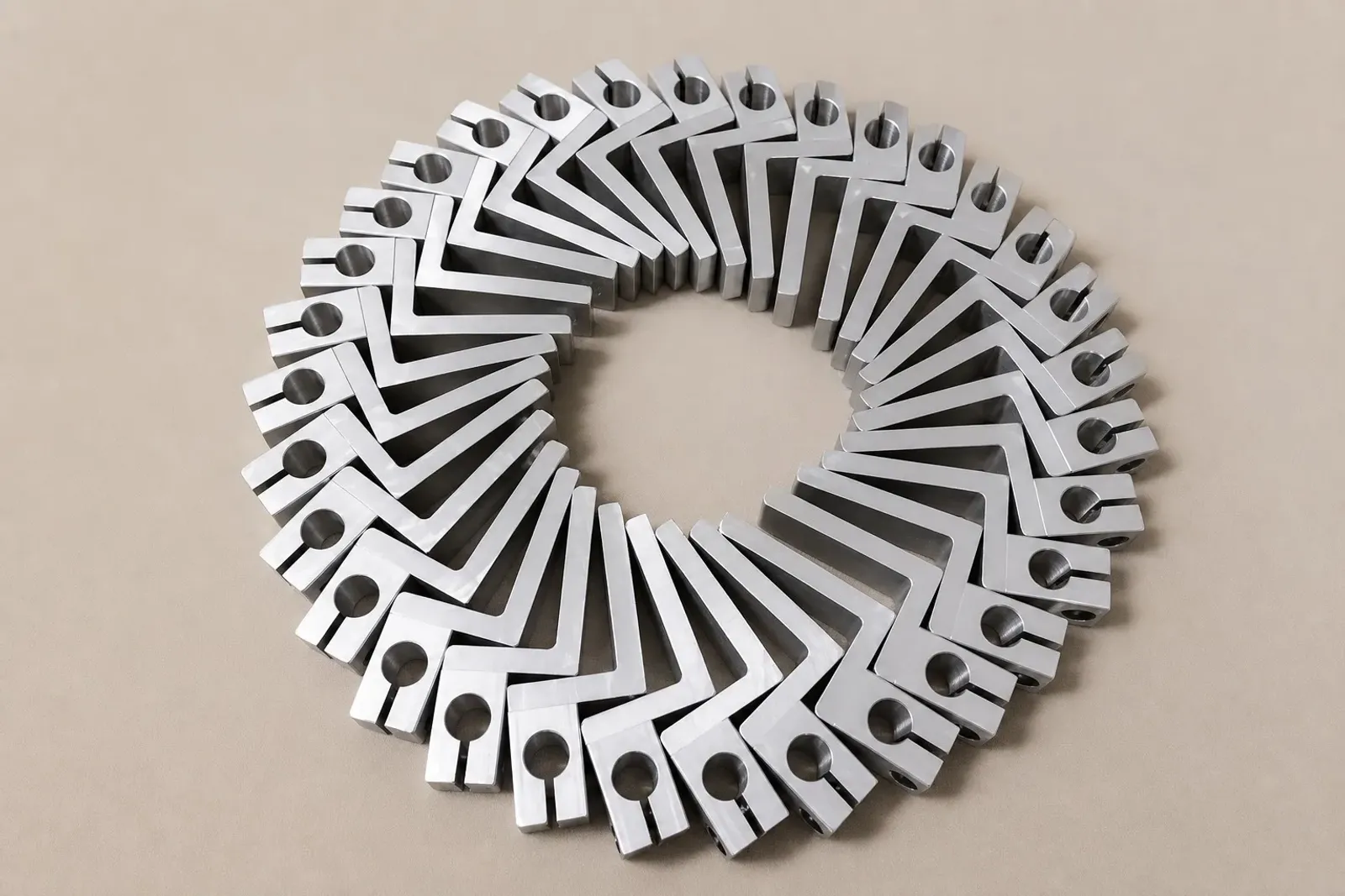 Precision-machined titanium clamp blocks arranged in a circle