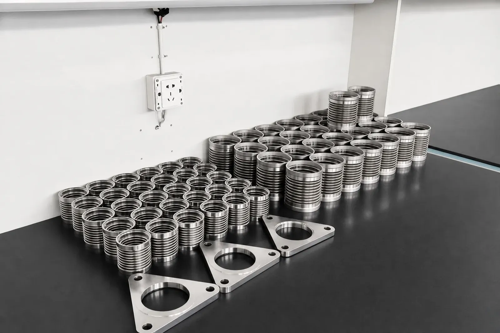 Machined titanium components on an inspection table represent repeat contact-critical geometry; they are not TB8 study specimens.