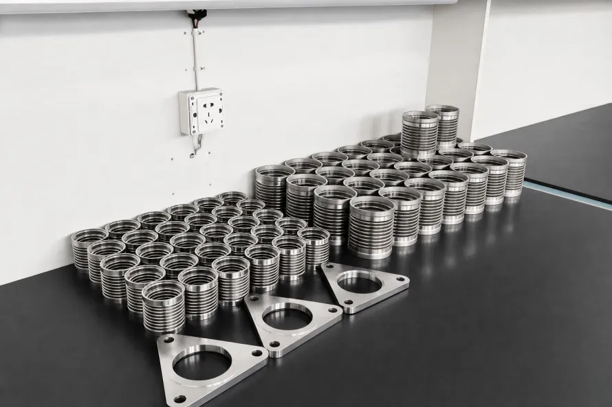 Machined titanium components on an inspection table represent repeat contact-critical geometry; they are not TB8 study specimens.