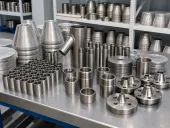 User-owned display of machined titanium components illustrating manufacturing scope; none is the forceps tested in the reported study