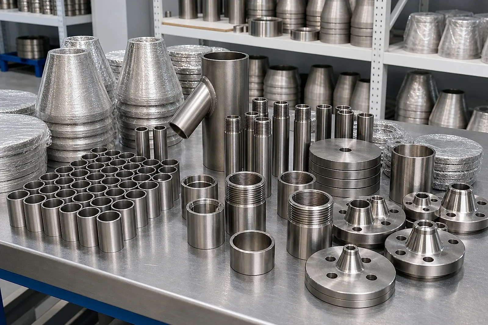Machined titanium parts displayed on an inspection table, showing why complex titanium geometries need functional release evidence beyond alloy grade
