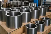 Clean batch of titanium cylindrical parts staged on pallets, showing why powder-route evidence must transfer from development quantities to release-ready production lots.
