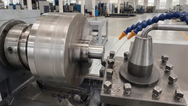 Heavy-duty lathe turning a large titanium cylinder with directed coolant in a spacious workshop