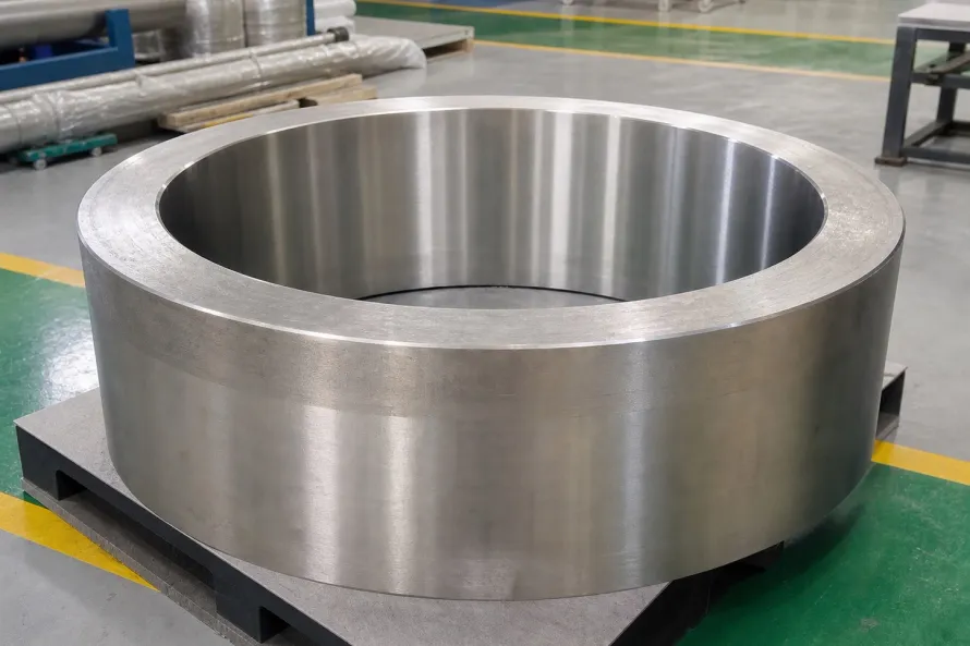 Large titanium forging ring on a clean factory pallet, showing why high-value titanium parts need item-level identity from parent material through release.
