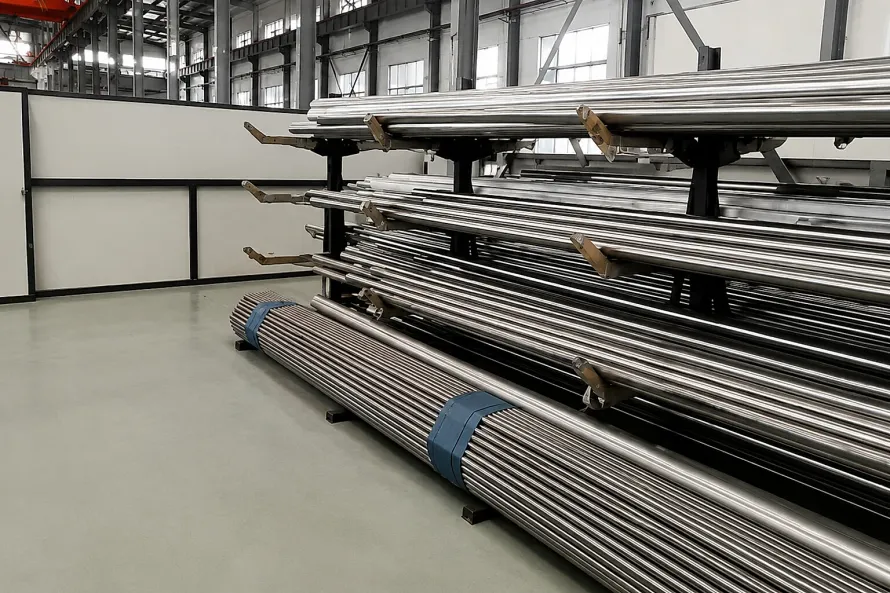 Titanium bar and tube stock staged in a clean warehouse, illustrating why aerospace audit scope must connect to material form, order requirements and release evidence.