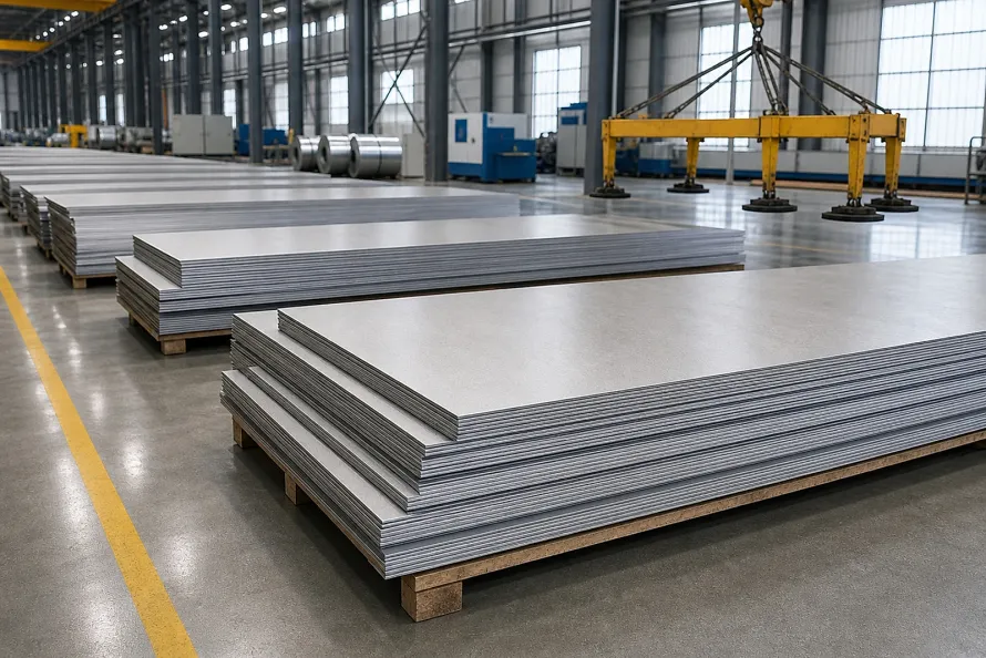Stacks of titanium plate in a workshop with lifting equipment, illustrating the product-form release question behind powder-to-plate capacity news.