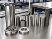 Titanium-like sample parts on a clean workshop table, illustrating how powder supply still has to become released product evidence.