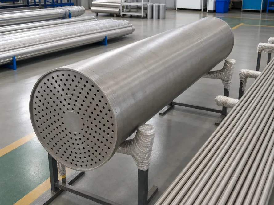 Titanbauteil mit Mantel und Rohrboden als allgemeiner Kontext für Produktnachweise