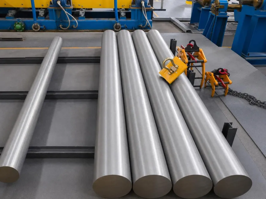 Large cylindrical metal billets beside lifting fixtures on a handling bed