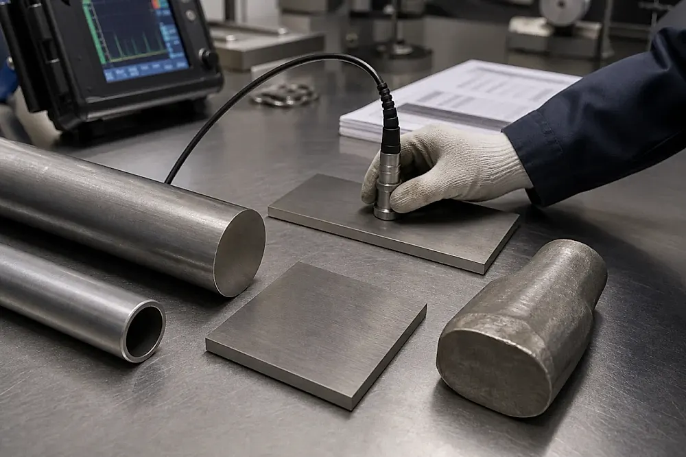 Titanium bar, tube, plate and forging samples on an inspection table with a probe and blurred documents, illustrating the link between material form and qualification evidence