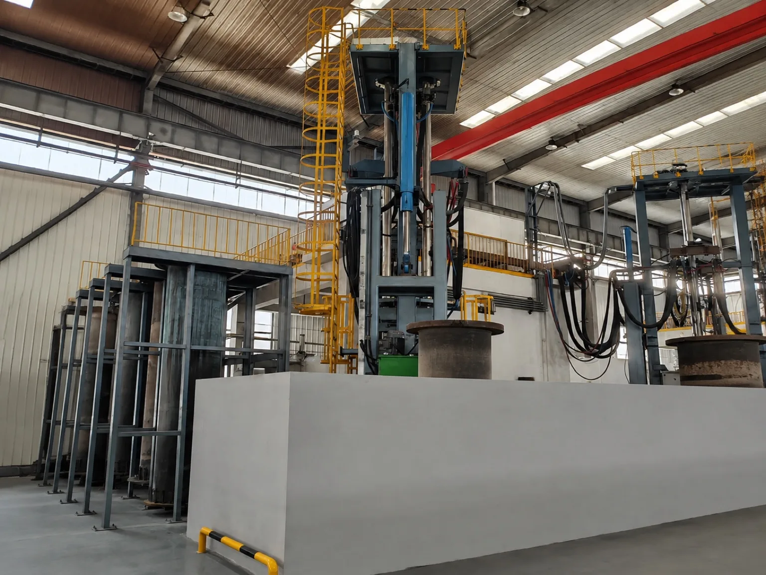 Tall vertical processing equipment inside an industrial workshop