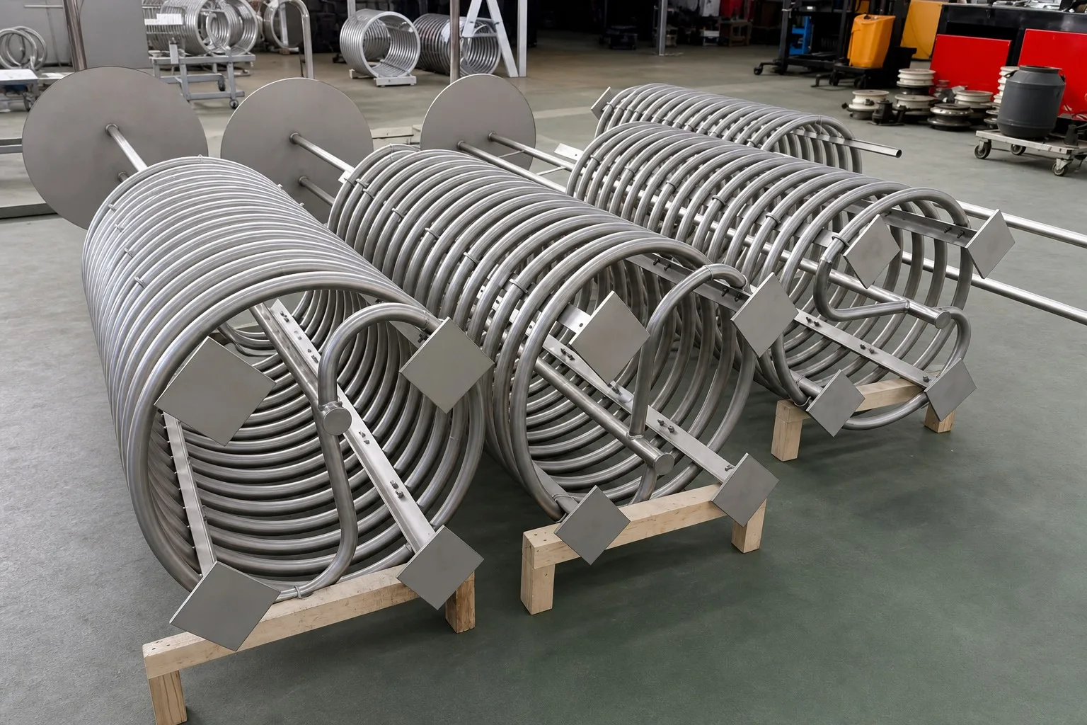 Coiled tubular heat-exchanger assemblies arranged in a workshop