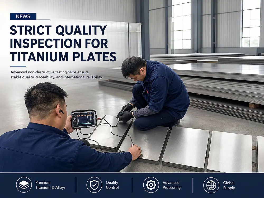 UT inspectors performing non-destructive testing on Gr.5 titanium plate: thickness measurement, ultrasonic scan and surface integrity check