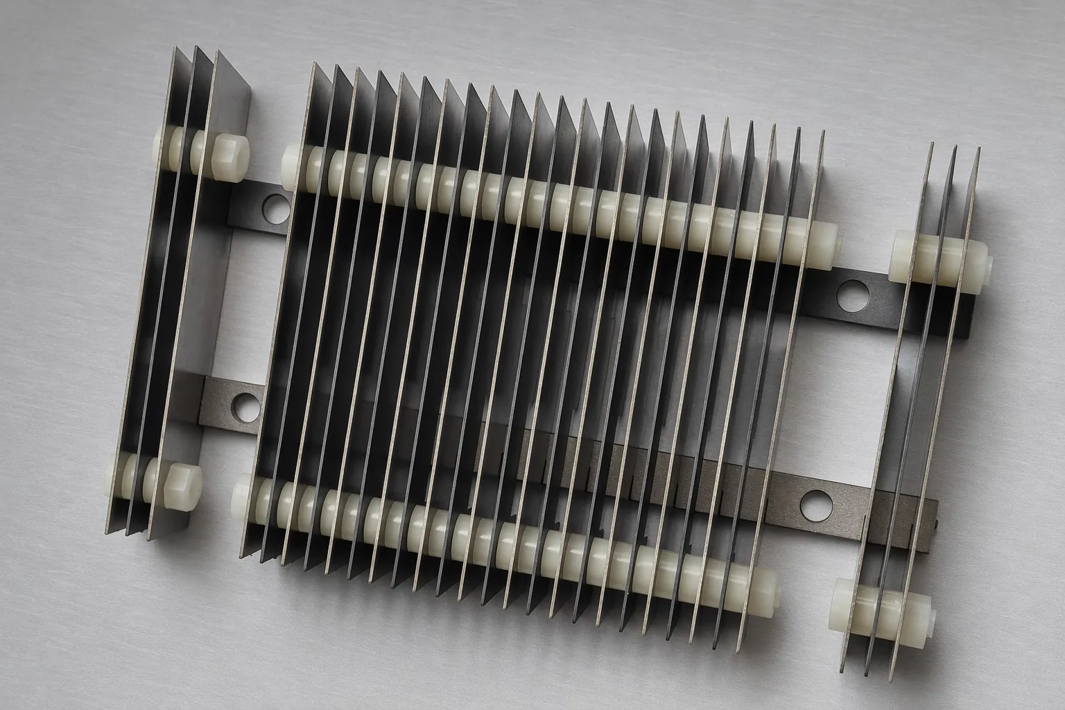 User-supplied titanium plate assembly illustrates how holes, spacers and stack geometry become part of joint evidence; it is unrelated to the paper tests.