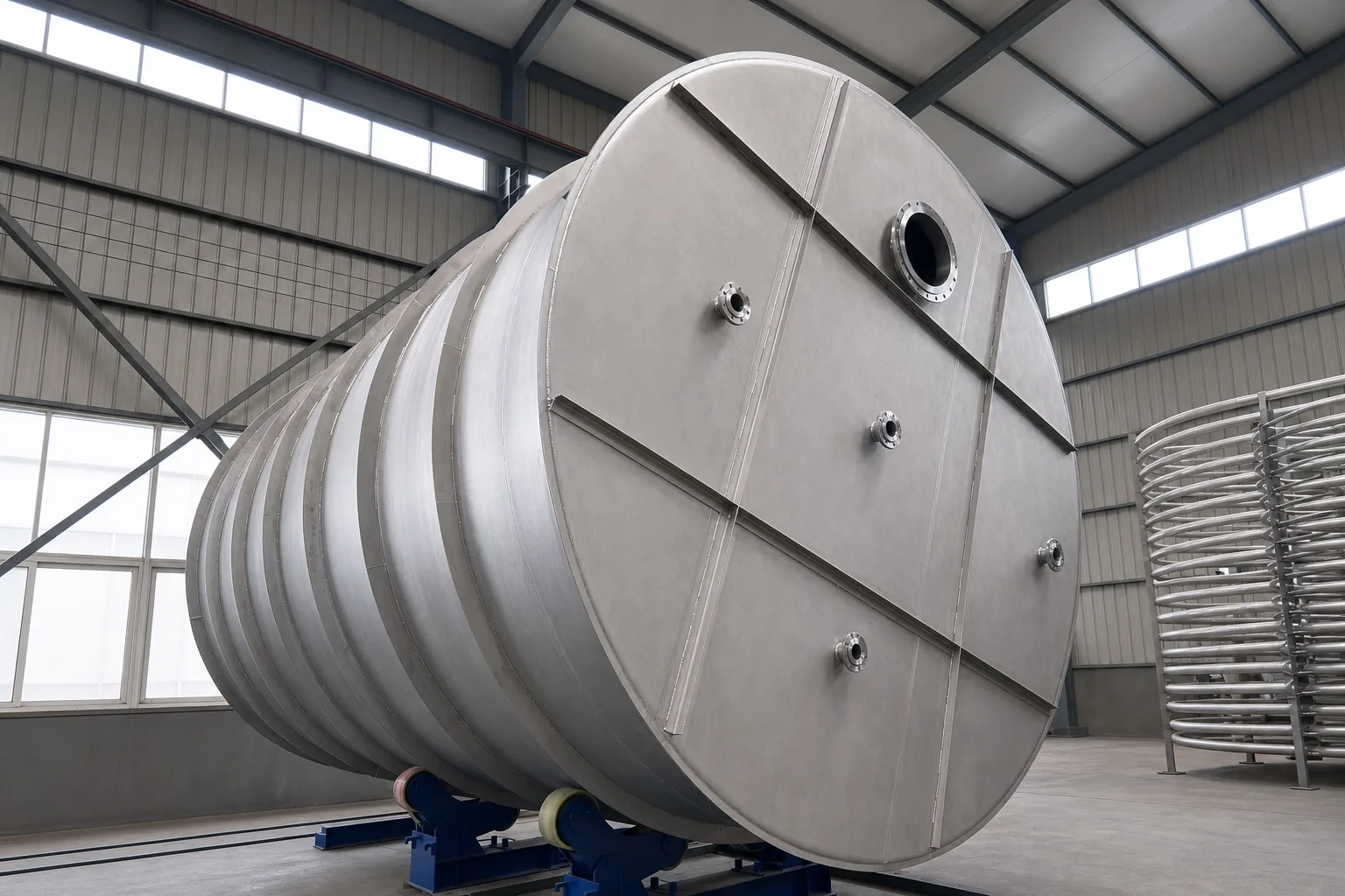 A user-supplied large titanium process vessel illustrates fabricated pressure-boundary geometry; it is not evidence that a particular vessel complies with BS EN 13445-11:2026.
