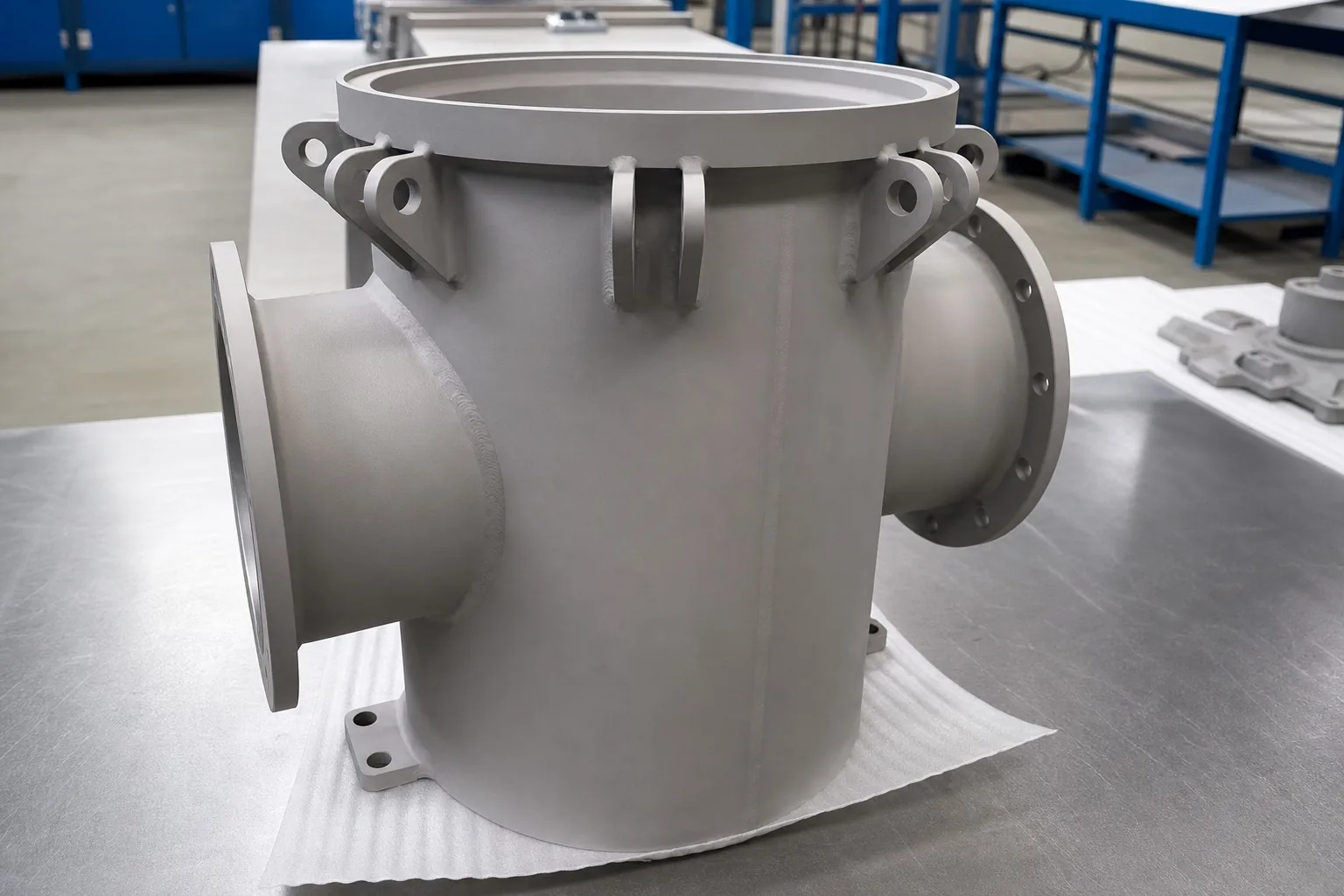 A user-supplied fabricated titanium vessel component shows welds, flanges and nozzles that need route-level control; it is not a certified BS EN 13445-11 vessel.