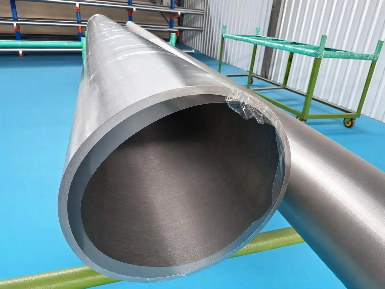 Close view of a large round metal tube opening showing its bore and wall geometry