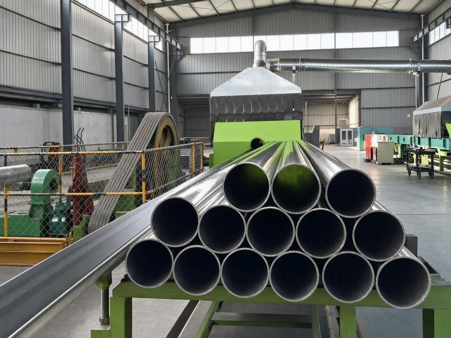 Hollow metal tubes at the feed end of an industrial processing line