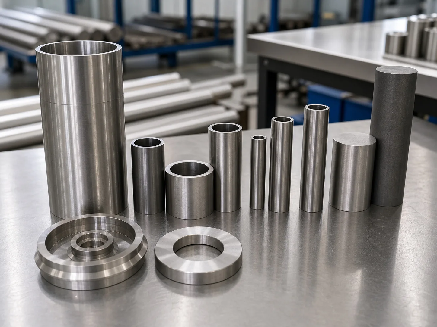 User-owned titanium sample pieces illustrate material and machining scope; none is a patient-specific implant, study specimen or clinical device.