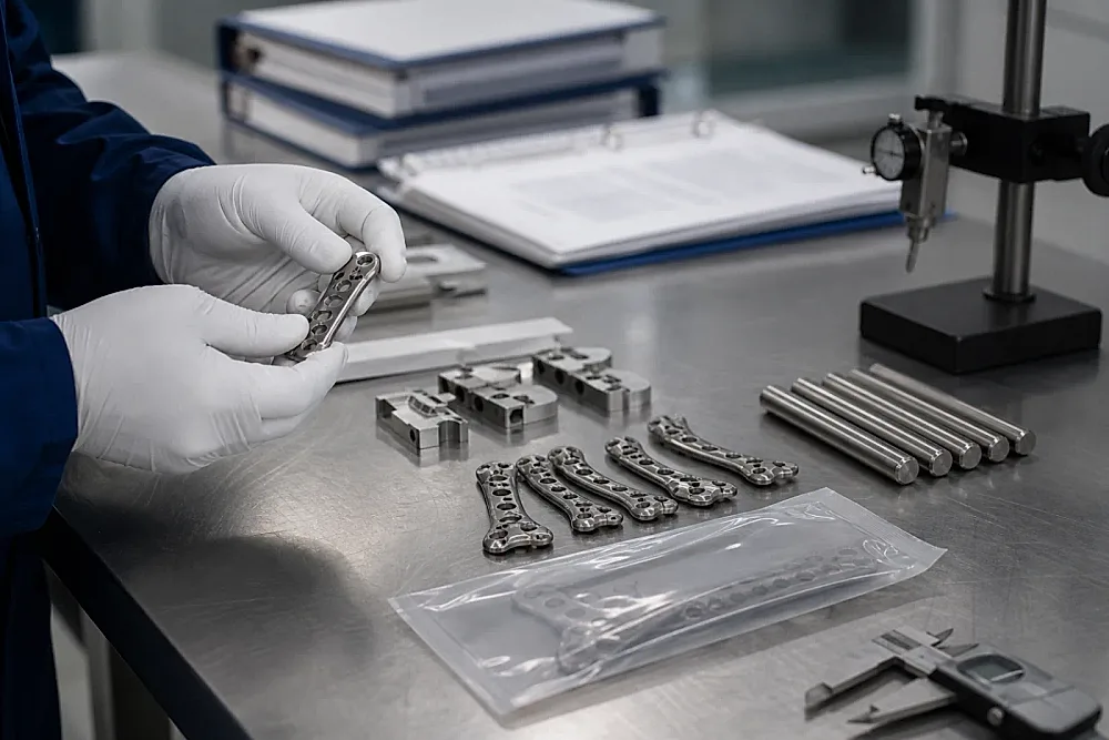 Behandschuhte Hände prüfen generische Titan-Implantatplatten und Prüfmuster auf einer sauberen Qualitätssicherungs-Werkbank und zeigen, wie medizinisches Titan über die Geräte-Nachweisakten rückverfolgbar bleiben muss