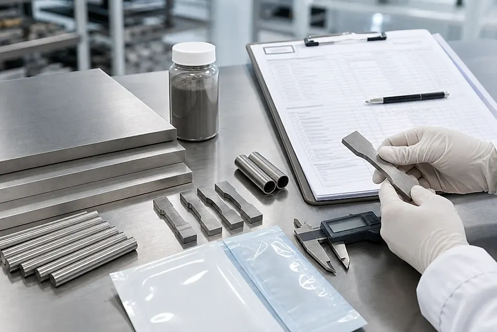 Titan-Plattenrohlinge, Stäbe, Pulver, bearbeitete Coupons und unscharfe Prüfprotokolle auf einem Validierungstisch für Medizingeräte, die die Beweis-Tore hinter regulierter Titan-Lieferung veranschaulichen