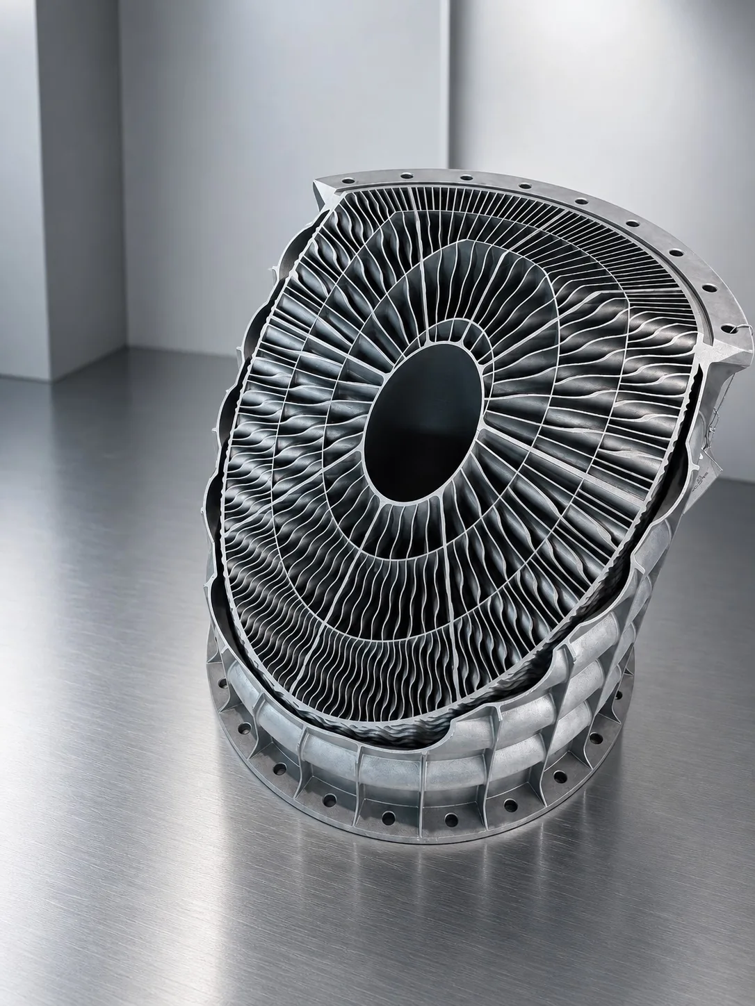 A close view of a user-supplied complex metal component illustrates internal geometry and section transitions that bulk density alone cannot describe; it is not a MIM specimen or research image.