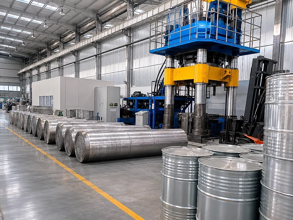 Titanium ingot melting workshop: VAR vacuum arc remelting press, ingot cooling zone and sponge raw-material drum logistics