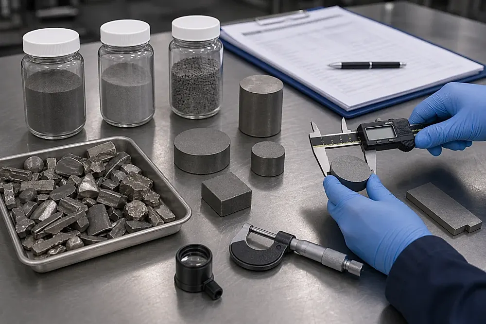 Titanium powder jars, scrap pieces, compacted blanks and inspection tools on a process-control table, illustrating the buyer evidence gates between recycled feedstock and qualified titanium products