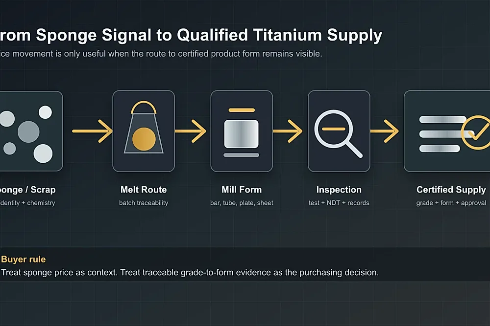 Abstract titanium supply-chain diagram showing sponge titanium moving through melt, mill conversion, inspection and certified bars, tubes and plates