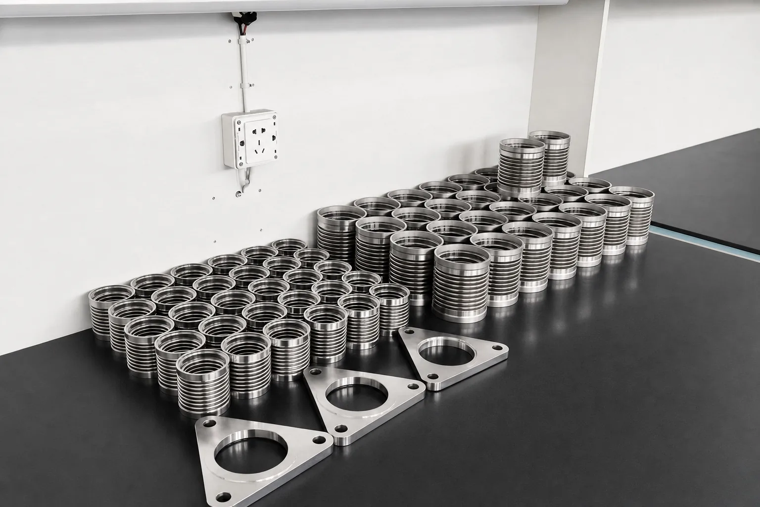 User-supplied machined titanium components on an inspection table represent repeat contact-critical geometry; they are not the TB8 specimens from the study.