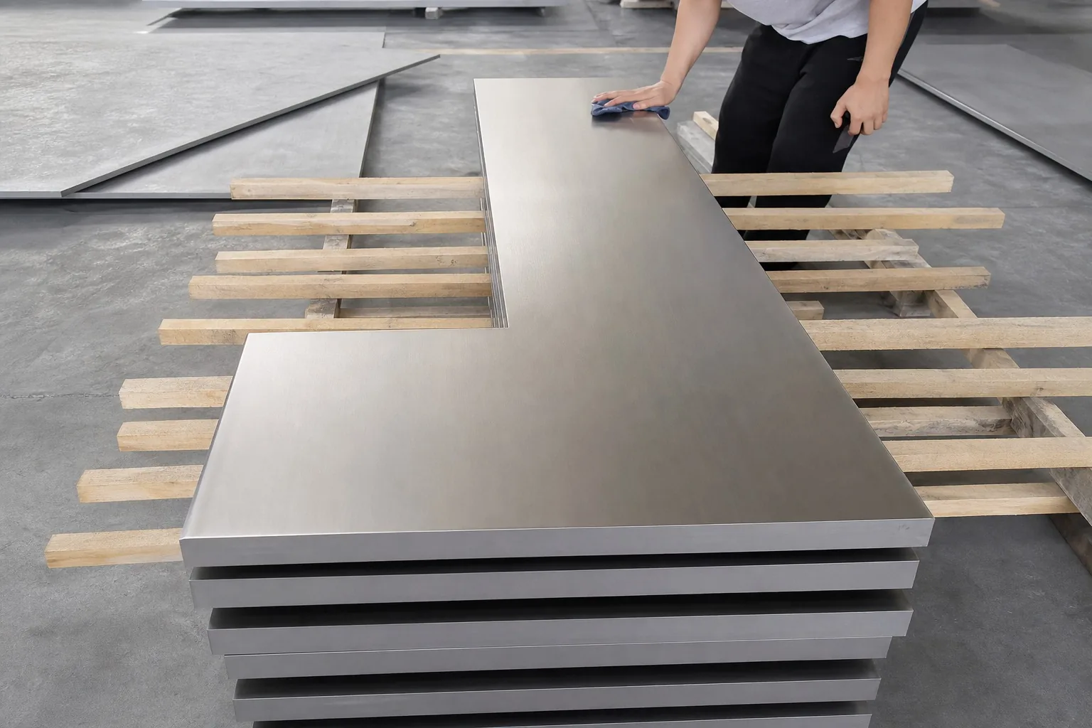 A user-supplied titanium plate being surface-finished illustrates the manufacturing step where a functional surface state is created; the image is representative and not study evidence.