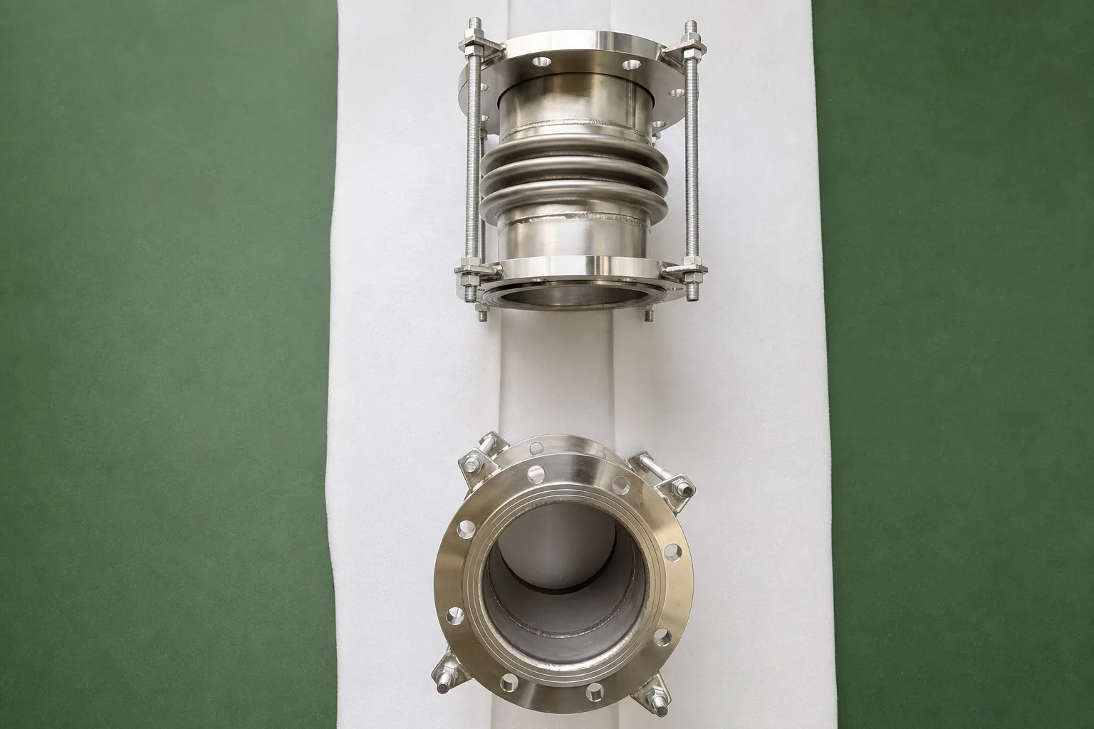 A user-supplied titanium bellows and flanged section illustrates direction-changing formed geometry; it is not a Ti-2Al-2.5Zr specimen or study result.