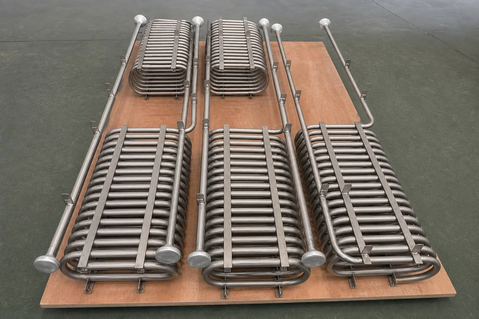 User-supplied titanium coil heat exchangers illustrate the extensive formed and joined surface area that must retain a controlled corrosion state; they are not test articles from the paper.