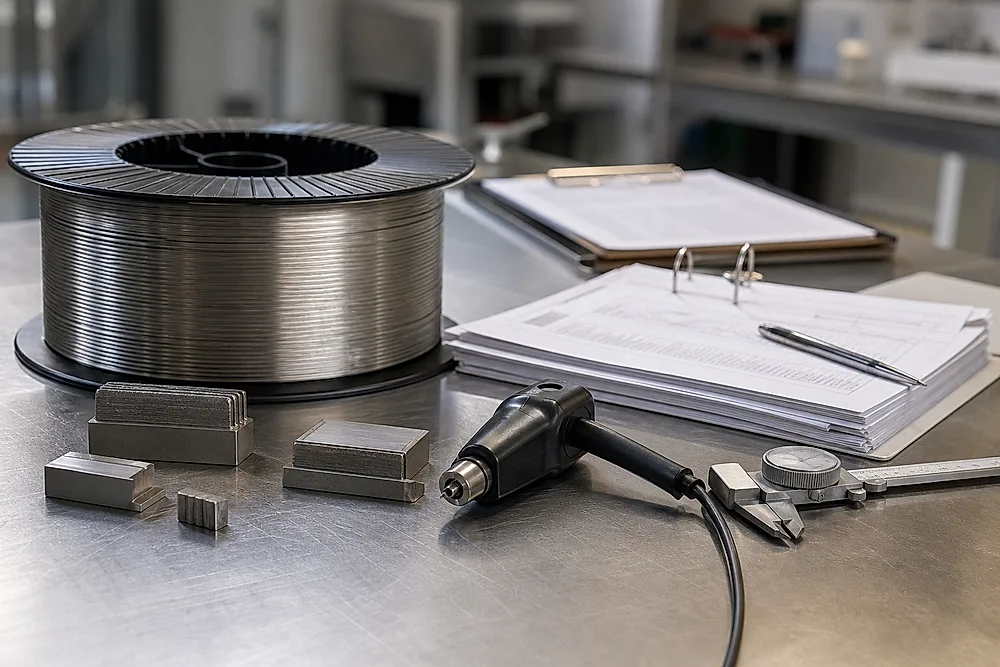 A quality-control bench with titanium wire spool, machined test coupons, and inspection tools, showing how aerospace LMD-w qualification depends on feedstock control and evidence records