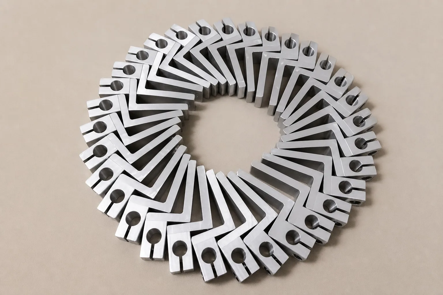 Eine vom Nutzer bereitgestellte Serie bearbeiteter Titanbauteile zeigt, warum wiederholte Geometrie und Oberflächenzustand in der Produktion kontrolliert bleiben müssen; das Bild zeigt keinen Ti/Al-Verbund.