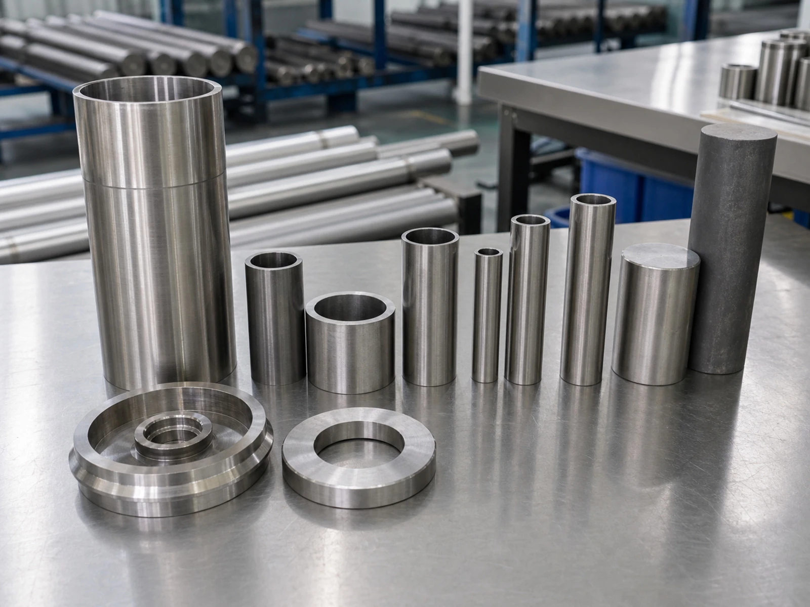 Titanium tubes, rings and sample components arranged on a bench, illustrating how material form and process route must stay visible in qualification evidence.
