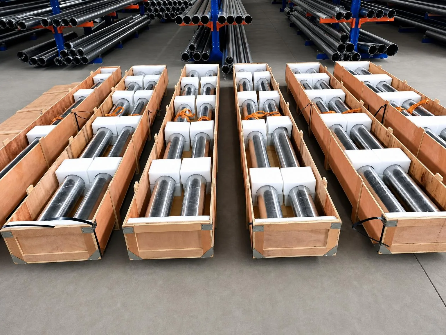 Conjuntos de tubos metálicos largos protegidos dentro de cajas de madera