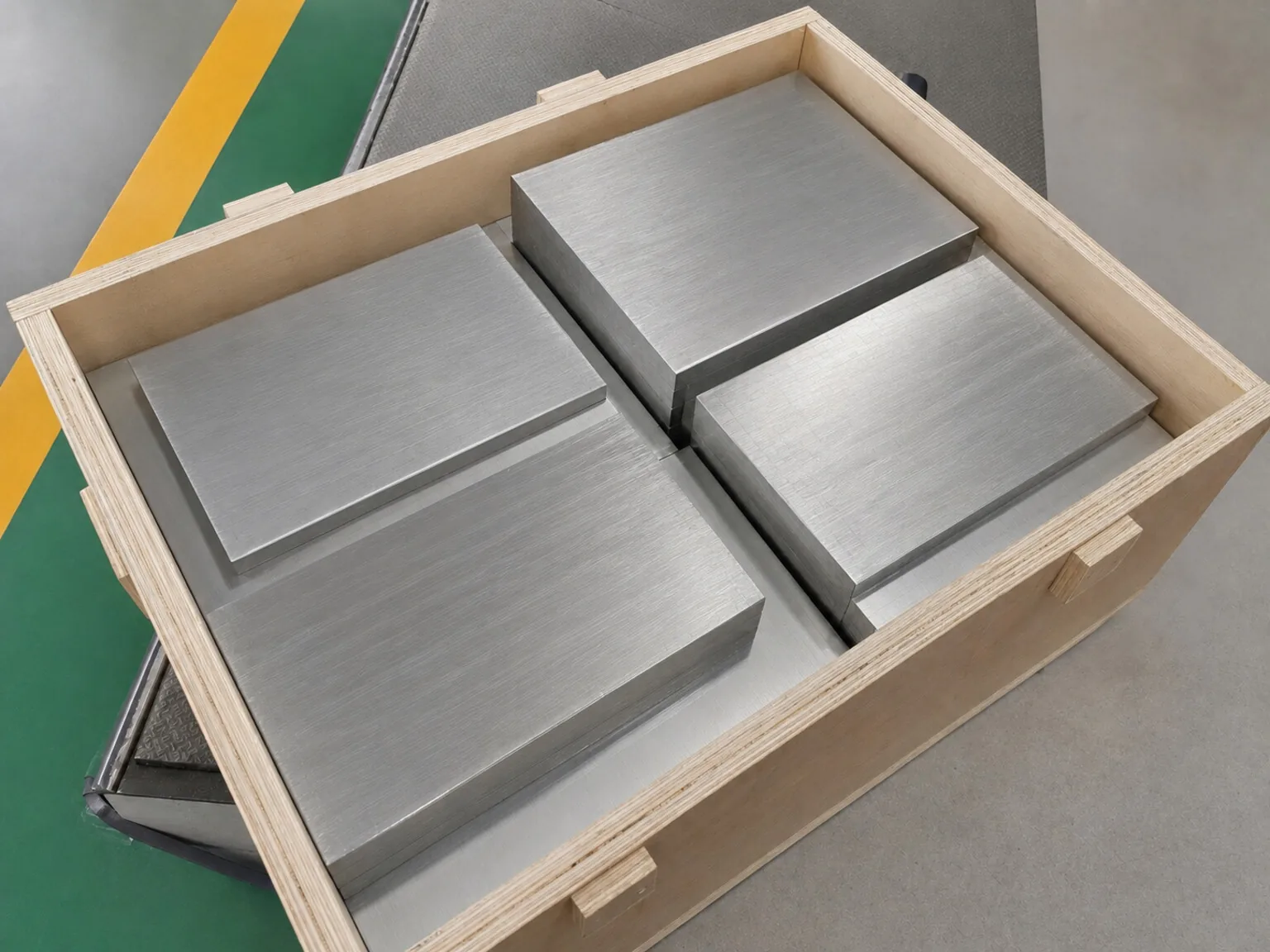 Verpackte Titanplatten stehen stellvertretend für den kontrollierten Werkstoffstart; sie sind keine Panzerteile.