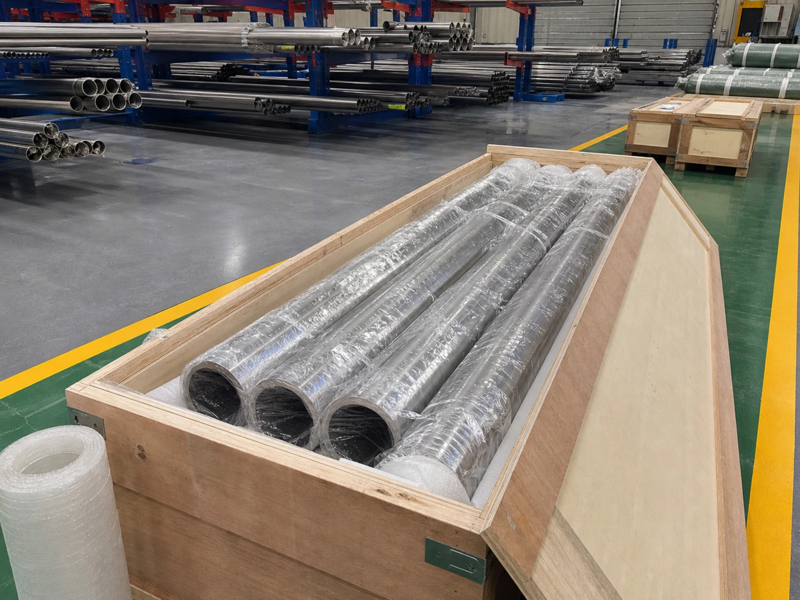 Packaged titanium tubes in a factory crate, showing how protection, labeling, and lot handling support release documentation before shipment.